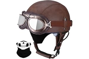 RMBDD Leather Half Helmet German Style Retro Motorcycle Helmet ECE Approved Men Women Vintage Open Face Helmet with Goggles Half Shell Cap Moped Helmet for Chopper Cruiser Scooter Bike