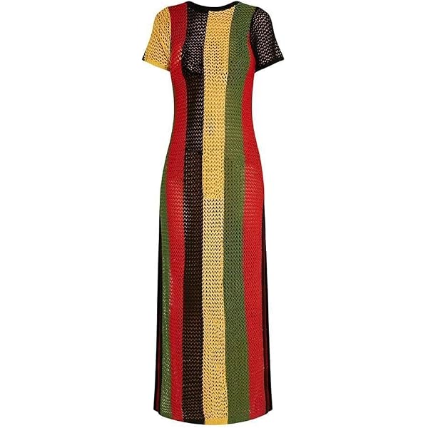 Robe Rasta Longue Femme 100% Coton Égyptien – Maille Transparente Rayée Multicolore Reggae (Noir/Rouge/Jaune) – Style Hip-Hop, Plage, Soirée