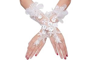 IBLUELOVER Gants Mariage Blanc Gant Déguisement Femme Mitaines Court Exquis Gants en Dentelle avec Lacet Accessoires Robe Manches Mariée Wedding Soirée Banquet Performance Cérémonie Halloween