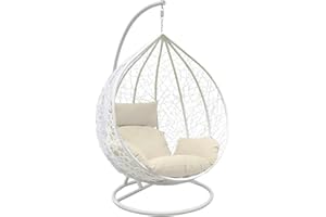 Holywarm Rattan Swing Chair with Cushion | Indoor Outdoor Hanging Wicker Egg Chair & Stand | White Garden Balcony Hammock (Max 265 lbs)