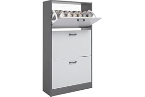 Blisswood 3 Drawer Shoe Cabinet Cupboard, Pull Down Shoe Storage Organiser Wooden Furniture Unit, 3 Tier Entryway Shoe Rack Cabinet Footwear Stand for Hallway Furniture (Silver & Dark Grey)