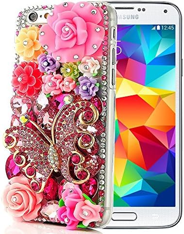 Samsung Galaxy S5 Case, Sense-TE Glamour Crystal Series [3D Handmade] [Sparkle Glitter] Cute Pink Rhinestone Flowers Butterfly Floral Diamond Gem [Rhinestone Bling Luxury] Design Case Clear Hard Cover for Samsung Galaxy S5 with Retro Bowknot Anti Dust Plug