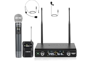 Phenyx Pro Sistema de Micrófono Inalámbrico de Metal, con Micrófonos de Mano/Bodypack/Auriculares/Lapel, 2x30 Frecuencias UHF, Alcance de 200 pies, para Cantar, Karaoke, Iglesia (PTU-52-1H1B)