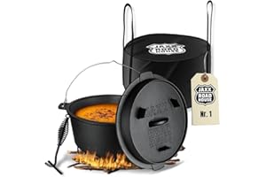 ‎JAXX ROADHOUSE JAXX Dutch Oven Set mit Zubehör | 7 Liter | Eingebrannter BBQ Gusseisen Topf für offenes Feuer, Gas-/Kohle-Grill, Backofen und alle Herdarten inkl. Induktion | Mit Deckelheber, Untersetzer, Tasche