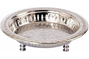 ‎MARRAKESCH ORIENT & MEDITERRAN INTERIOR Orientalisches rundes Tablett Schale aus Metall Juman 27cm groß Silber | Orient Dekoschale mit hoher Rand | Marokkanisches Serviertablett Rund | Orientalische goldene Deko auf dem gedeckten Tisch