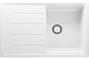 Fregadero Cocina 78 x 50 cm, Fregadero Granito Un Seno + Sifón Clásico, Fregadero Empotrado con Escurridor Copenhague 780-45 de Primagran, Blanco