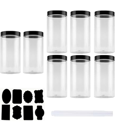 SINJEUN Lot De 8 Bocaux En Plastique De 1000 Ml Avec Couvercles Noirs