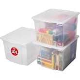 Iris Ohyama &Ccedil;ok Y&ouml;nl&uuml; Saklama Kutuları, 30L, 3'l&uuml; Set, Şeffaf, Kolay Mandal, İstiflenebilir, Şeffaf Plastik, Dolap, Raflar, G