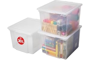 Iris Ohyama Scatole Portaoggetti, 30L, Set di 3, Trasparente, Chiusura facile, Impilabile, Plastica Trasparente, Per Armadio, Scaffali, Organizzazione, Vestiti, Coperte, Forniture per garage, USB-M