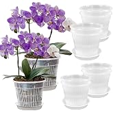 10 Pcs Transparent Plastic Orchid Flower Pot 14cm and 16cm with Drainage | Vented Planter with Trays Included, See Roots for
