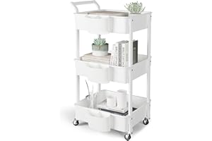 ‎HBTOWER HBTower Rollwagen aus Kunststoff，Küchenwagen 3 Etagen, Servierwagen, mit extra hängenden Tassen, feststellbare Räder für Wohnzimmer, Küche, Büro, Weiß