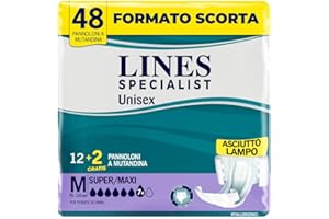 Lines Specialist Unisex Pannoloni a Mutandina Super Maxi, per Incontinenza Donna e Uomo, Asciutto Lampo e Ottima vestibilità, Zero Odore, Taglia M, 2 Confezioni da 14 Unità