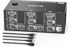 ESKEVE Switch KVM 2 PC 3 moniteurs 8K@60Hz 4K@144Hz, commutateur KVM triple moniteur DisplayPort + HDMI et 4 ports USB 3.0 pour 2 PC Share 3 moniteurs, avec alimentation 12 V DC et télécommande filaire