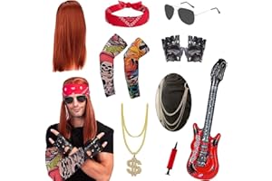 KILLIAN'S STORE Punker Rockstar Kostüm Accessoires Herren, Rocker 80er 90er Jahre Outfit, Punk Gothic Kit mit Bandanas, Rocker PerüCke, Punk Handschuhe, Tattoo Sleeve, Punk Kette, Aufblasbare Gitarre, Jeanskette
