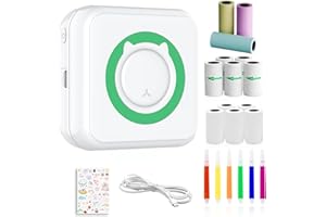 echden Mini Pocket Printer Portable Thermal Photo Printer for Android or iOS APP, with 14 Rolls Paper+6 Colored Pens,Bluetooth Inkless Printer Labler Maker for Notes,List,DIY (Green)