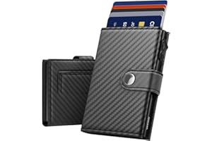 YESIIW Credit Card Holders Wallets for Men RFID Blocking Leather Minimalist Smart Pop Up Trifold Wallet with Magnetic Coin Pocket, Button Closure, Holds Up to 9 Cards, 2 ID Window(Carbon Fiber)