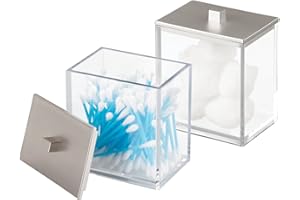 mDesign Cotton Pads Dispenser and Cotton Swab Container - Set of 2 - With Practical Lid - Ideal as Cosmetics Storage - Clear/Brushed