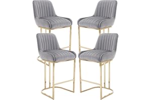 chairus Bar Stools Set of 4 Velvet Kitchen Breakfast High Bar Chairs with Backrest Counter Dining Stools with Metal Legs(Gray-4)