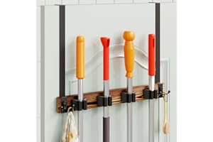 DUHARS Accroche Balai Serpillere sur Porte, avec 4 Pince a Balai et 4 Crochets Sans Percer, Range Outils de Jardin, Balais, Serpillere, Rangement Balai Suspendu Porte, Buanderie, Garage, Cuisine