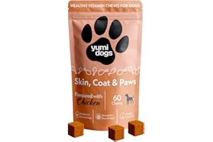 YUMI DOGS Dogs Supplement For Skin, Coat and Paws | Omega 3 Dog Chews with Biotin & Vitamin E For Itchy Skin Relief and Thinning Coat | Suitable For Adult & Senior Dogs | 60 Chicken Flavoured Chews