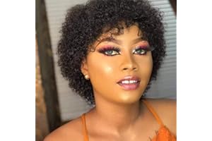 Fereowth Perruque Cheveux Humain Afro Bouclée Courte avec Frange, Short Afro Curly Wig with Bangs Perruque Femme Naturelle Cheveux Humains Brésilienne Perruques Noir