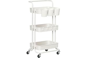 ‎HOMCOM HOMCOM Serving Trolley with 3 Tiers Kitchen Trolley with Handle Wheels Kitchen Shelf with Hooks and Storage Baskets, Utility Trolley Kitchen Trolley for Kitchen, Office, Bathroom, White