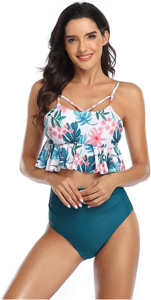 Women Swimsuit High Waist Flounce Bikini Set Halter Ladies Swimming Costume Two Pieces Beach Bathing Swimwear(White,XL)