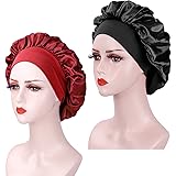 2 Pieces Bonnet Satin Cheveux Nuit, Bonnet Soie Cheveux Nuit pour Femmes (Noir+Bordeaux)