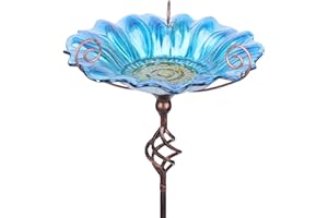 MUMTOP Bird Bath for Garden - Glass Bird Bath Bowl Bird Feeders Bowl Flower with Metal Stake for Garden Decor (Blue)
