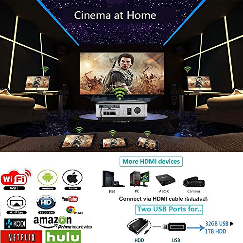 CAIWEI Wireless Video Projectors 4000 Lumens 1280x800 Support 1080p Full HD, Multimedia LCD LED Home Theater Projector WiFi with HDMI USB VGA Android System Speakers Remote for Smartphone iOS Laptop PC TV