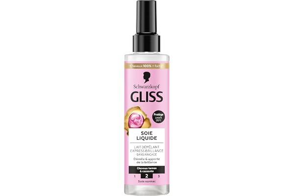 Gliss, Schwarzkopf, Lait Demelant Express, Soie Liquide, Brillance, Protection 230 C, Demele et Apporte de la Brillance, Cheveux Ternes et Cassants, Soin Normal, Sans Rincage, 200 ml