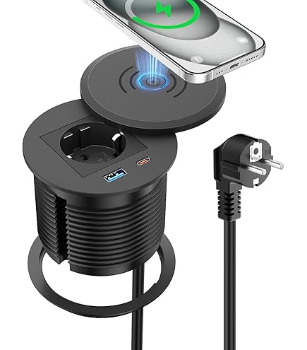 Ohuo Pop up Stopcontact met 15W draadloos opladen en 2 USB-C, Intrekbare Stekkerdoos met 2 USB-A, 2m Kabel, D 85-95 mm