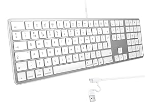 OMOTON Wired Keyboard for Mac with Number Keypad, USB and Type-C Dual Interface Full-Size Office Keyboard Compatible with Apple Mac Pro, iMac, Mac Mini, MacBook Pro/Air, QWERTY UK Layout, Silver