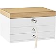 SONGMICS JOW15WN 3 Tier Jewellery Box Large Mirror 2 Drawers Lockable Gift for Rings Earrings Bracelets Christmas White Wood