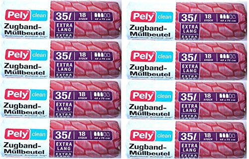 144 Stück extra lange Zugband Müllbeutel (35 Liter), optimal für schlanke Mülleimer wie Wesco Baseboy und viele andere Abfallsammler