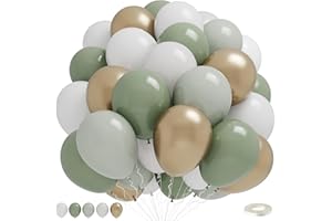 TOGVU Dusty Green White Gold Balloons, 50pcs Sage Olive Green Metallic Champagne Gold White Latex Balloons for Wedding Engagement Birthday Baby Shower Eucalyptus Party Decoration Supplies