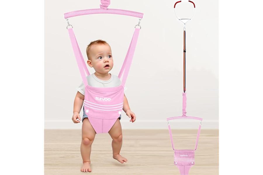 Slevoo Baby Door Jumpers, Oxford Cloth Baby Door Bouncer for 6-12 Months, Secure Clamp and Adjustable Strap Included (Pink)