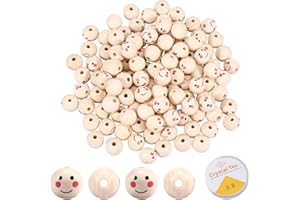 Abiemuce Holzperlen mit Gesicht, 20mm Holzkugeln mit Gesicht, Holzköpfe mit Gesicht, Holzkugeln mit Loch, Holzperlen Rund, Holzperlen Natur für DIY-Armband-Halsketten-Schmuckherstellung (150)