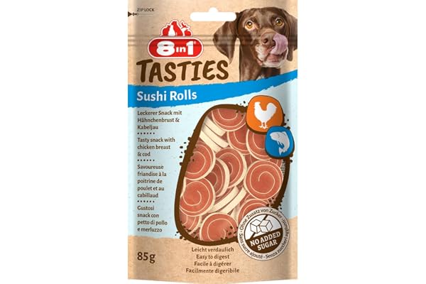 8in1 Tasties sushi Rolls hundsnacks – glutenfritt godis med torsk och kycklingbröst, 85 g