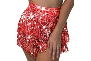 Flovel Women’s Belly Dance Skirt Sparkly Sequin Skirts Fringe Hip Scarf Skirt Party Hip Wrap Skirts Rave Costume