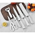 Marco Almond 6 Pieces Black Knife Set,Dotted Handles,Non-Stick Blades,Including Peeler and Scissor,Kitchen Cutlery Knives Set,Cooking Utensil Sets,Daily Use with Gift Box(White PRIMMUM)