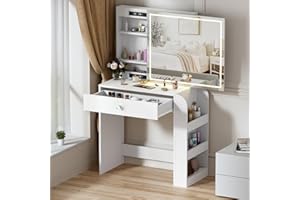 MSFE Biurko do makijażu z lustrem, toaletka ze światłami LED i lustrem przesuwnym, 3 kolory i regulowana jasność, toaletka z szufladami, biurko do sypialni dziewcząt, 81,2 x 40 x 135 cm