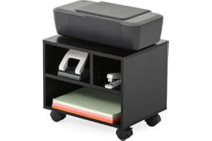 FITUEYES Soporte para Impresora con Ruedas 3 Compartimientos Madera Negro Carrito Organizador para Oficina Casa 40x30x35cm PS304003WB