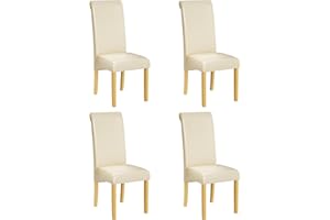 1home Faux Leather Dining Chairs with Solid Wooden Legs, Padded Seat and Curved Backrest, Easy to Clean Waterproof Chairs, Set of 4, Ideal for Kitchen, Living Room, and Study, Beige Ivory