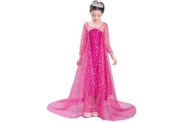 Lito Angels Robe Princesse des glaces Deguisement avec Traine Cape pour Enfant Filles, Anniversaire Fete Carnaval Costume, Manches Longues, Bleue/Rose Chaud/Blanche