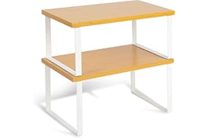 HEFTMAN Set di 2 mensole in legno e metallo per armadietti, salvaspazio, impilabili, per piano di lavoro, dispensa, portaspezie, portata 15 kg (naturale e bianco)