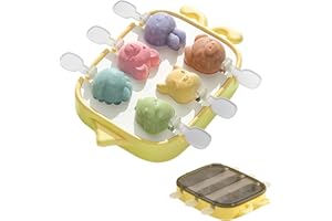 DeryArcle 6 Cavities Silicone Popsicle Mould, Animal Ice Lolly Moulds, Ice Pop Maker with Reusable Sticks, Stackable Ice Cube Tray with Lid, for Ice Cream Lollipop (Yellow Animal)
