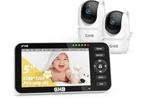 GHB Baby Monitor Video e Audio Videocamera Schermo 5'',4000mAh, 350°/110°,Comunicazione Bidirezionale,VOX Visione Notturna Visione Monitoraggio Temperatura,Ninne Nanne, 2 Fotocamera Inclusa