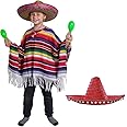 CHILD HEAVY MEXICAN PONCHO AND CHILD RED SOMBRERO - CHILDS MEXICAN BOY FANCY DRESS COSTUME PONCHO + LARGE RED SOMBRERO WILD WEST BANDIT KID