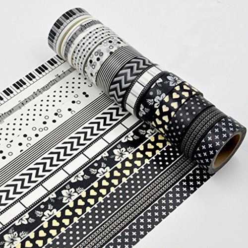 10m 12pcs Cinta Washi Serie En Blanco Y Negro Adhesivo Bricolaje Etiqueta De Papel 1 5cm